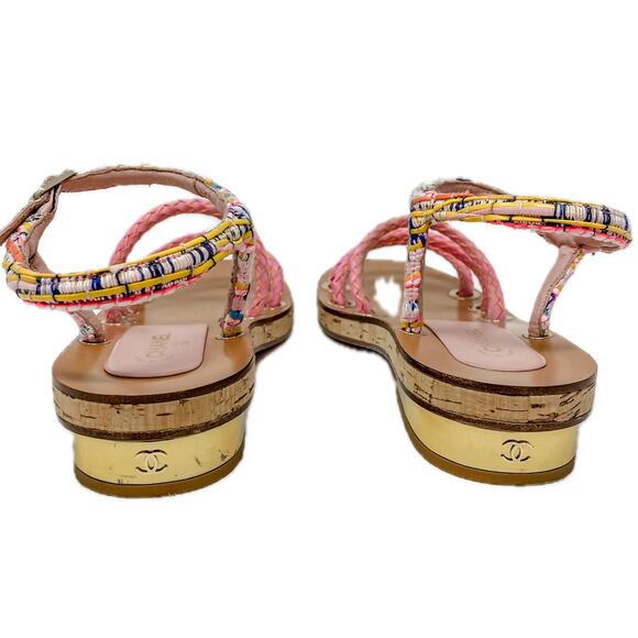 Chanel 2017 Fisherman Sandals Rope Tweed Cork Gold CC Label Plate Size 39.5 - Picture 3 of 15